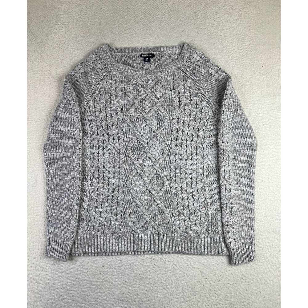 Lands' End Womens Gray Cable Knit Wool‎ Blend Crewneck Pullover Sweater Medium